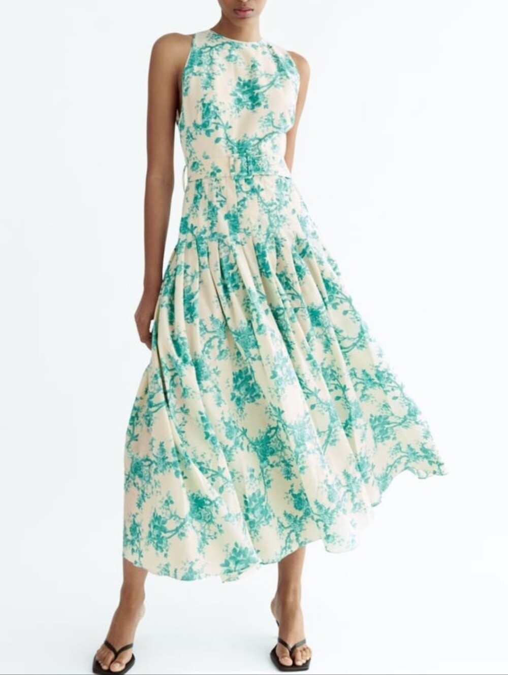 Zara Cream Turquoise Floral Printed Sleeveless Midi Dress with Belt Size M
